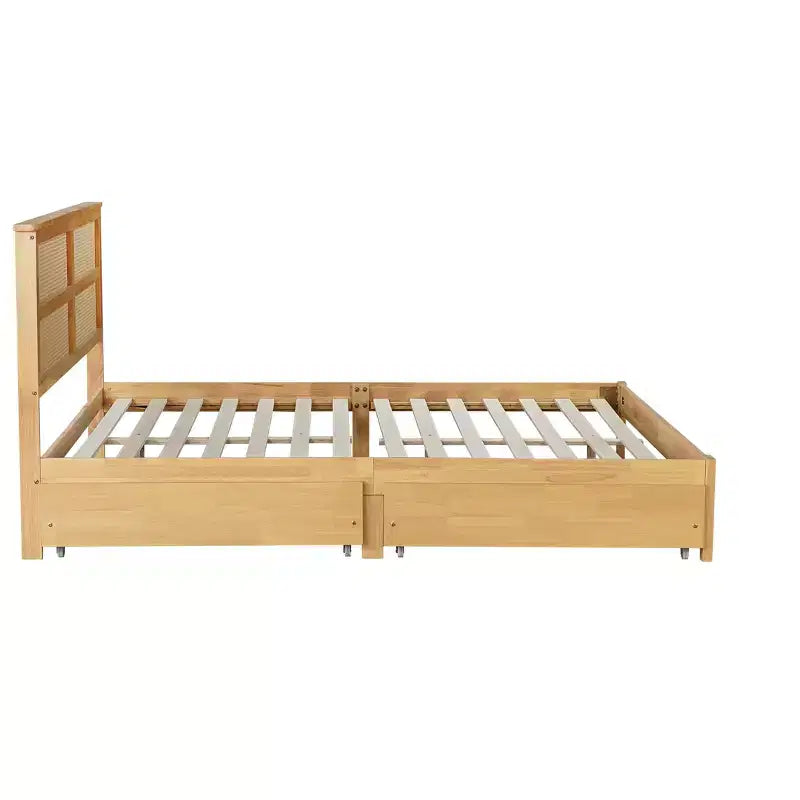 Lit King Size avec Tête de Lit en Rotin, 2 Tiroirs de Rangement