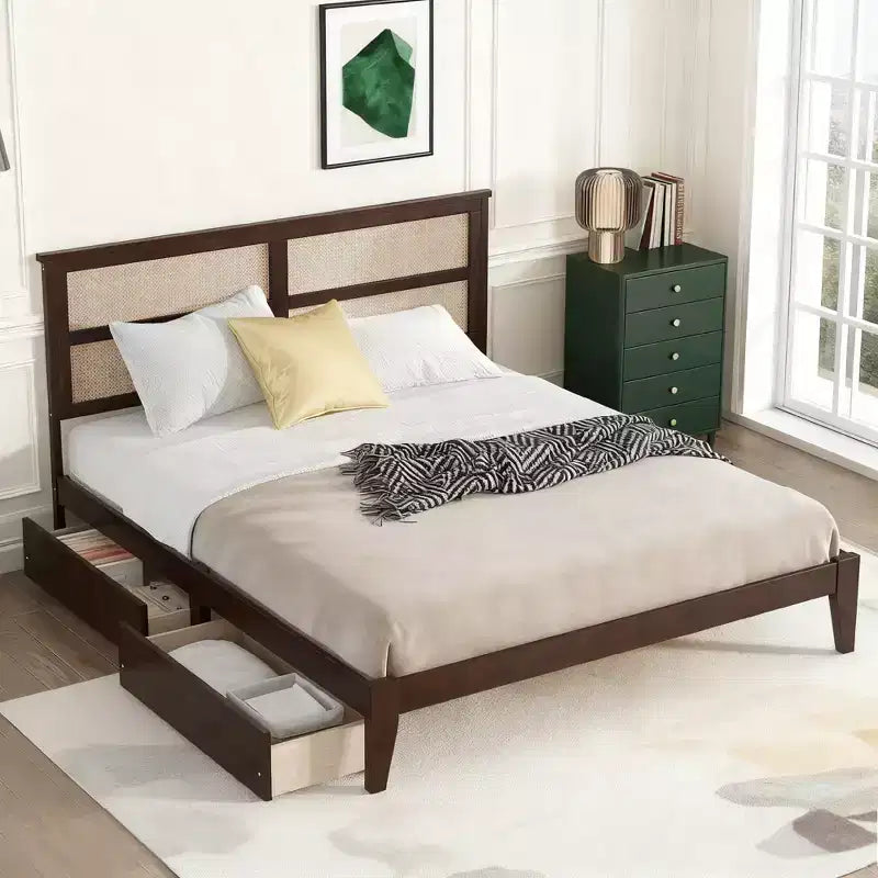 Luxystar King Size Bed with Rattan Headboard, 2 Storage Drawers, Enhanced Support Slats and Feet