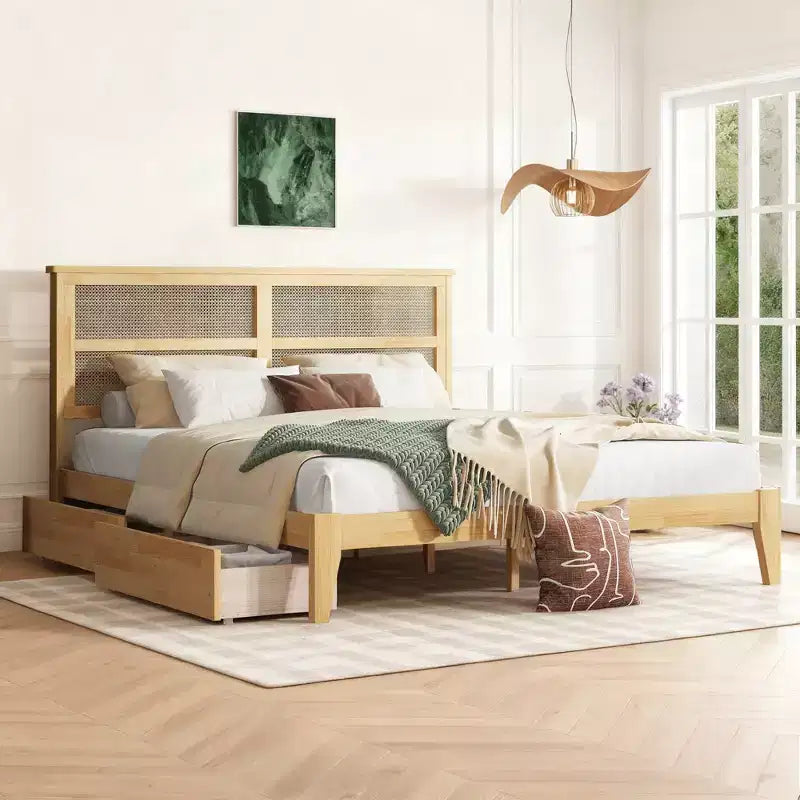 Lit King Size avec Tête de Lit en Rotin, 2 Tiroirs de Rangement