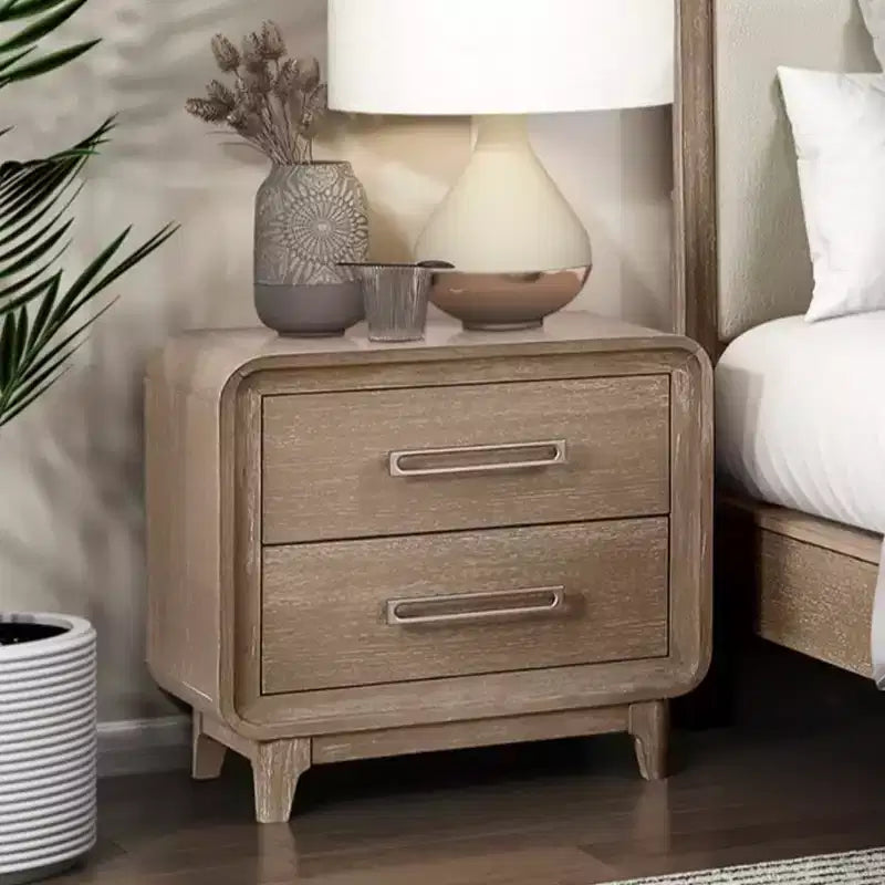 Modern Wood Nightstand with 2 Storage Drawers, Rounded Corners, Metal Handles, Bedside Table for Bedroom or Guest Room - Panipeachy