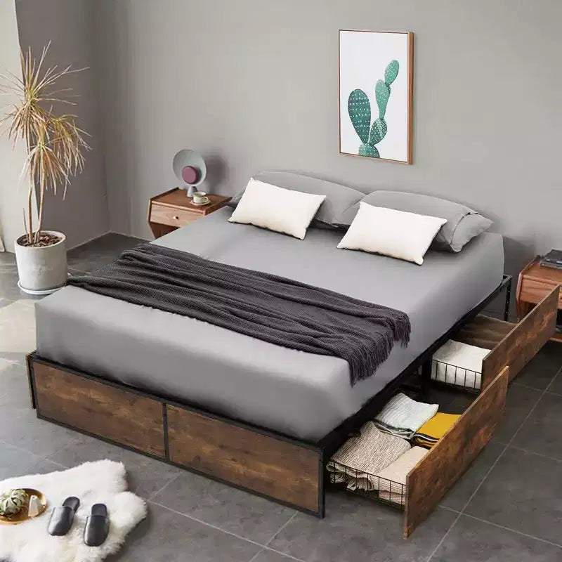 Cadre de lit plateforme en métal de style industriel avec 4 tiroirs et pied de lit en bois