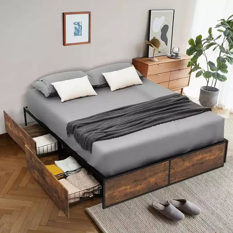 Cadre de lit plateforme en métal de style industriel avec 4 tiroirs et pied de lit en bois