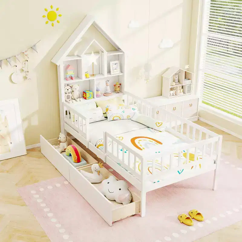 Lit cabane double avec 2 tiroirs Lit enfant avec tête de lit de rangement