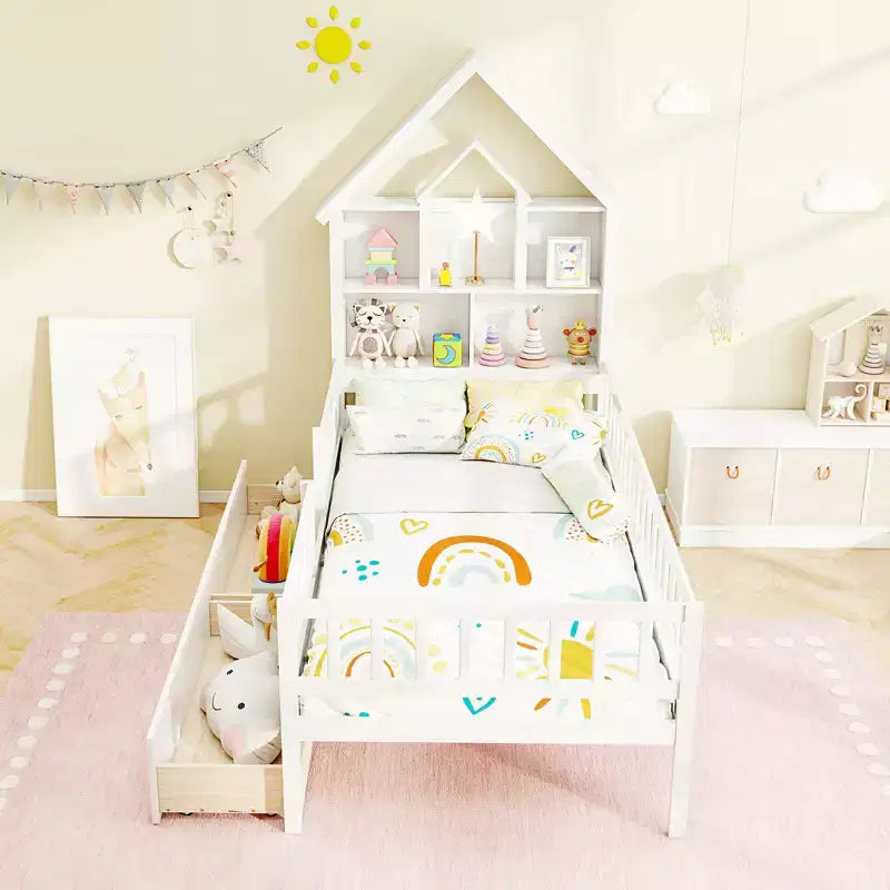 Lit cabane double avec 2 tiroirs Lit enfant avec tête de lit de rangement