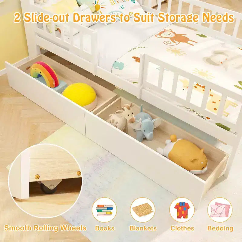 Lit cabane double avec 2 tiroirs Lit enfant avec tête de lit de rangement