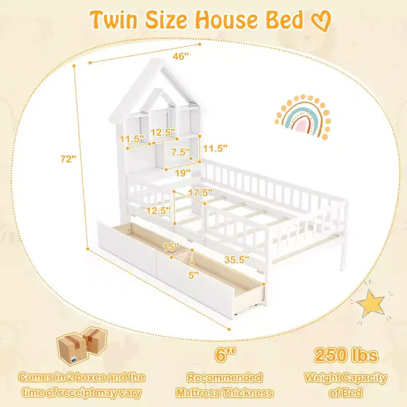 Lit cabane double avec 2 tiroirs Lit enfant avec tête de lit de rangement