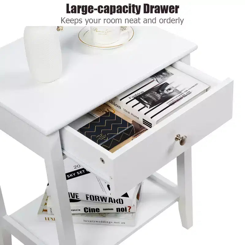 Table de chevet, table d'appoint pour canapé, chambre, salon avec étagère, tiroir, blanc