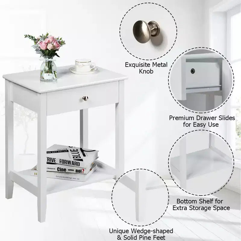 Table de chevet, table d'appoint pour canapé, chambre, salon avec étagère, tiroir, blanc