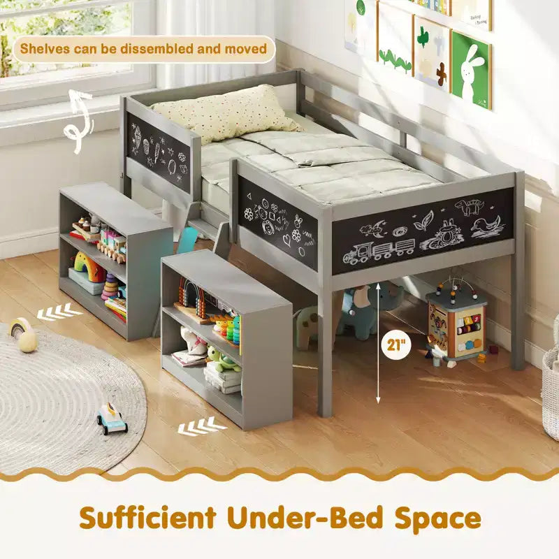Lit cabane simple en bois avec bibliothèques pour enfant - lit bas