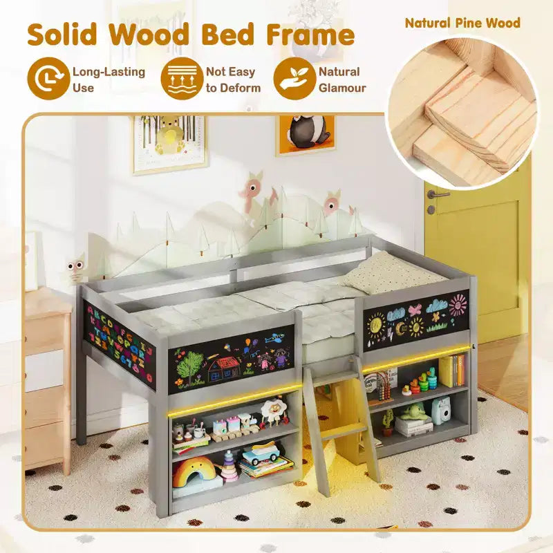 Lit cabane simple en bois avec bibliothèques pour enfant - lit bas