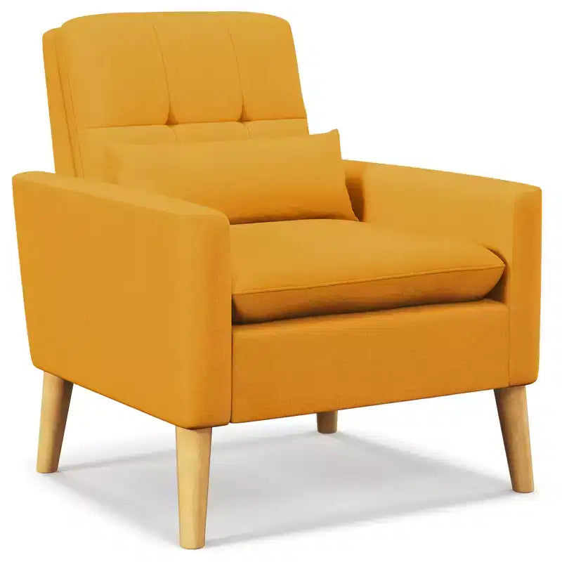 Costway Accent Chair Upholstered Tufted Armchair with Lumbar Pillow Natural Rubber Wood Legs Modern Linen Fabric Sofa Chair Beige/Grey