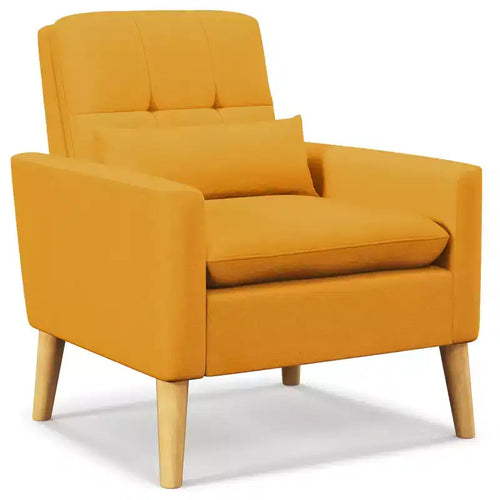 Costway Accent Chair Upholstered Tufted Armchair with Lumbar Pillow Natural Rubber Wood Legs Modern Linen Fabric Sofa Chair Beige/Grey
