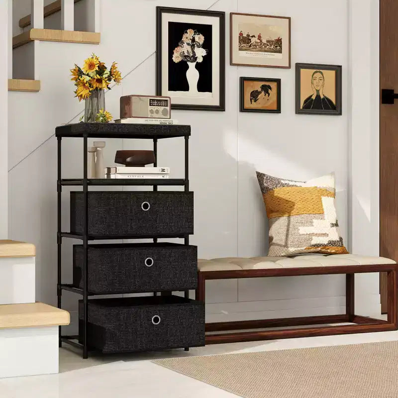Commode à 3 tiroirs avec étagère et bacs de rangement en tissu Tour de rangement industrielle