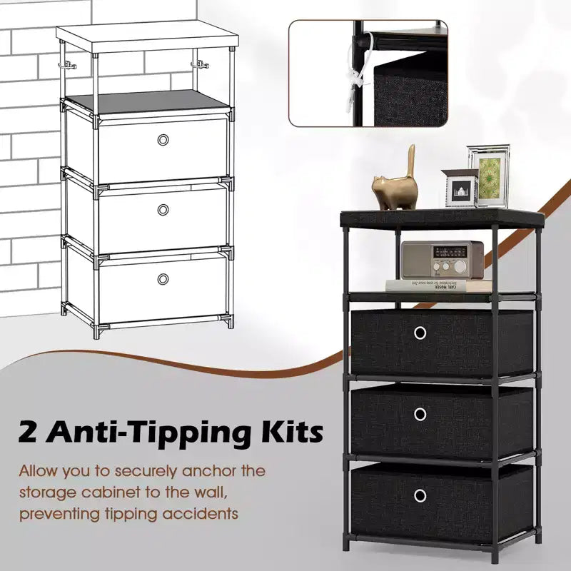 Commode à 3 tiroirs avec étagère et bacs de rangement en tissu Tour de rangement industrielle