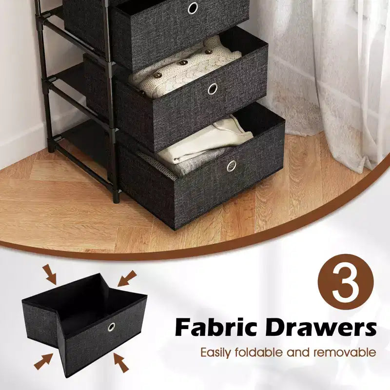 Commode à 3 tiroirs avec étagère et bacs de rangement en tissu Tour de rangement industrielle
