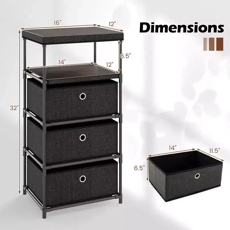 Commode à 3 tiroirs avec étagère et bacs de rangement en tissu Tour de rangement industrielle
