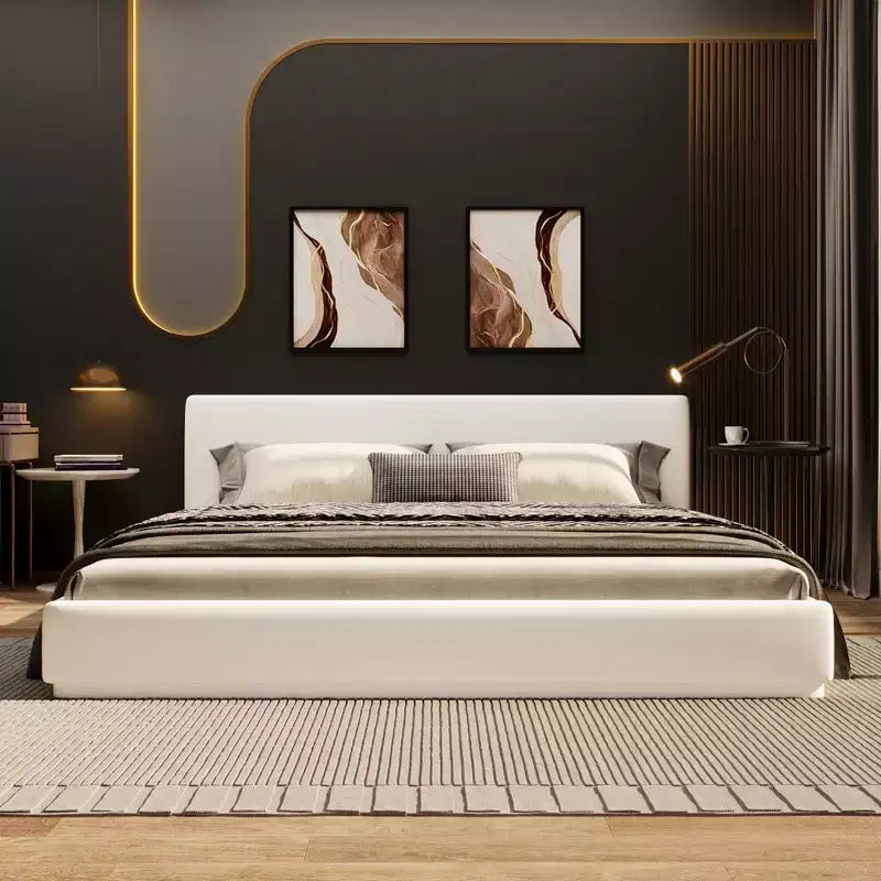 Queen/King Size Upholstered Platform Bed Frame with Headboard, White - ModernLuxe