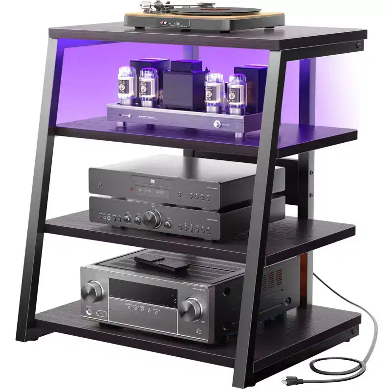 Besiost 4-Tier Bookshelves with Charging Station and LED Lights, Small Entertainment Center Media Stand