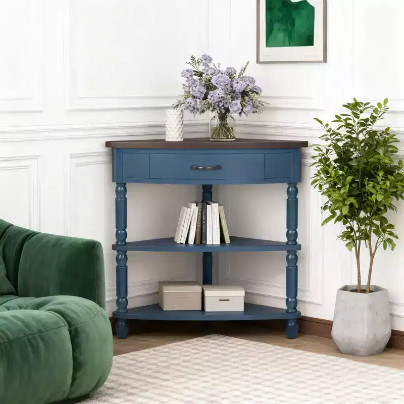 Luxystar 33.8'' Triangle Corner End Table with Solid Wood Legs for Small Spaces and Living Room, Navy Blue and Espresso Top