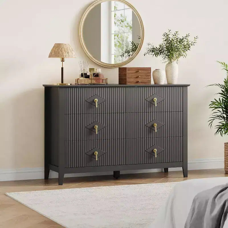 Commode à 6 tiroirs cannelée pour chambre à coucher, en bois moderne avec poignées métalliques