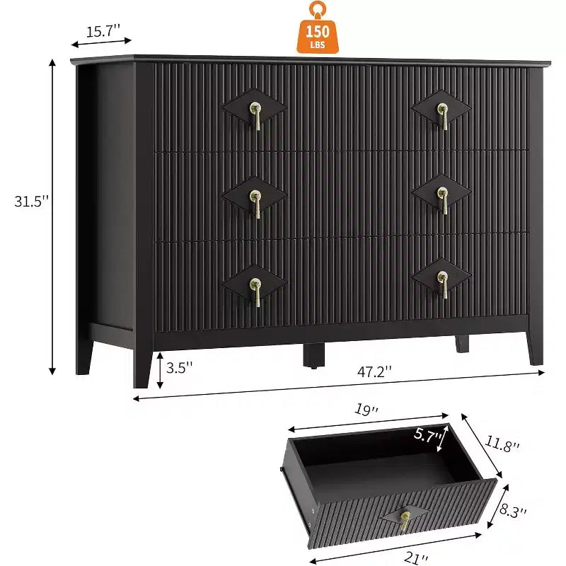 Commode à 6 tiroirs cannelée pour chambre à coucher, en bois moderne avec poignées métalliques