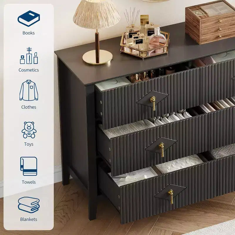 Commode à 6 tiroirs cannelée pour chambre à coucher, en bois moderne avec poignées métalliques
