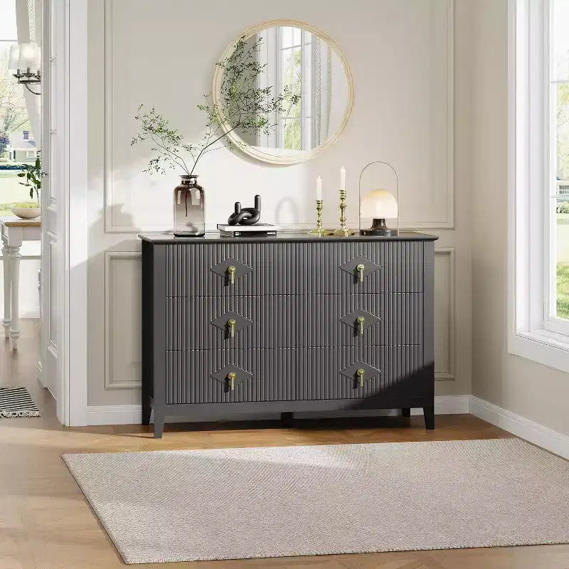 Commode à 6 tiroirs cannelée pour chambre à coucher, en bois moderne avec poignées métalliques