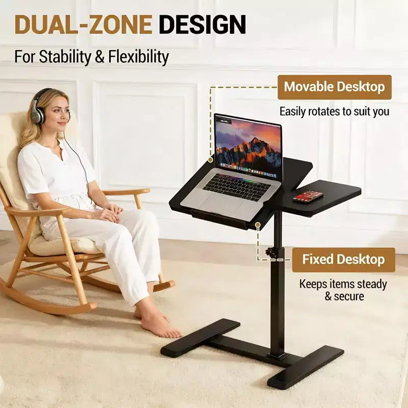 Bureau d'ordinateur portable roulant à hauteur réglable avec plateau inclinable et roulettes dissimulées