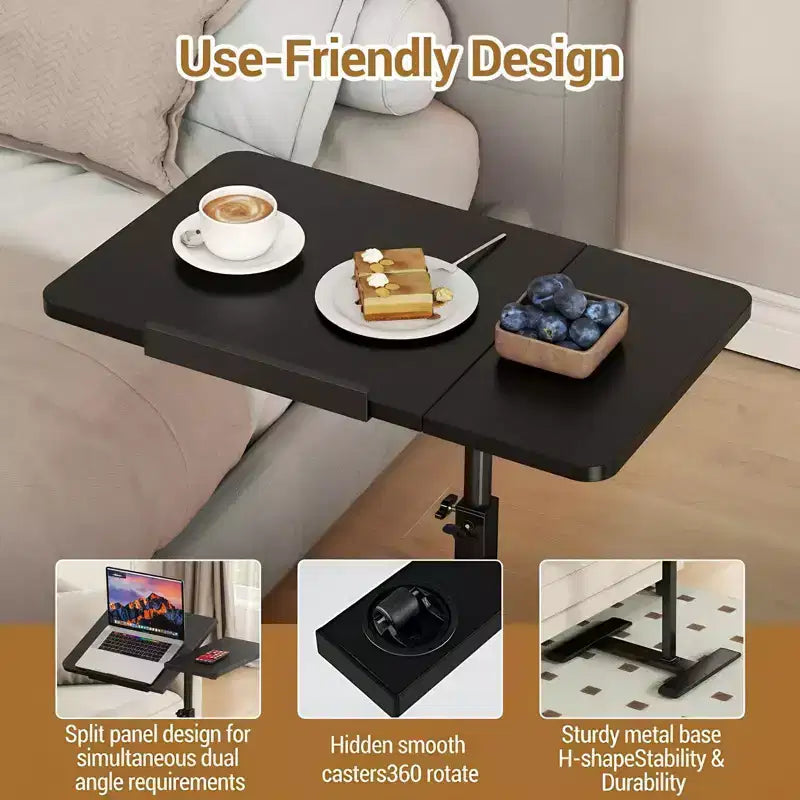 Bureau d'ordinateur portable roulant à hauteur réglable avec plateau inclinable et roulettes dissimulées