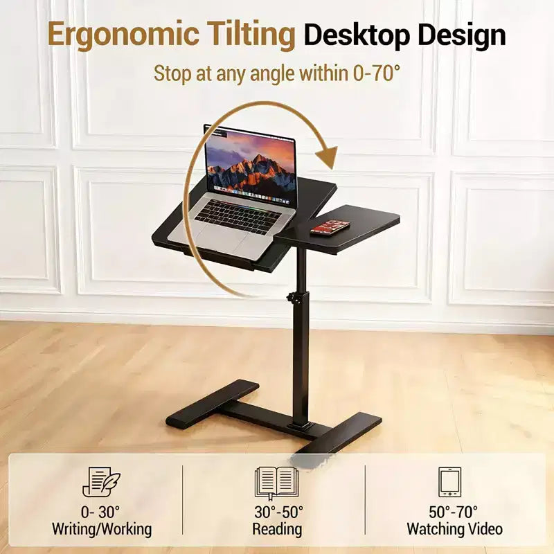 Bureau d'ordinateur portable roulant à hauteur réglable avec plateau inclinable et roulettes dissimulées
