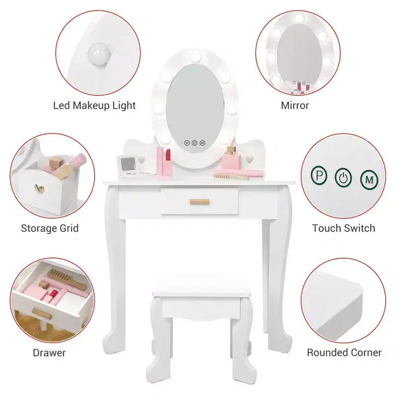 Table de maquillage et tabouret de coiffeuse pour enfants, coiffeuse et chaise