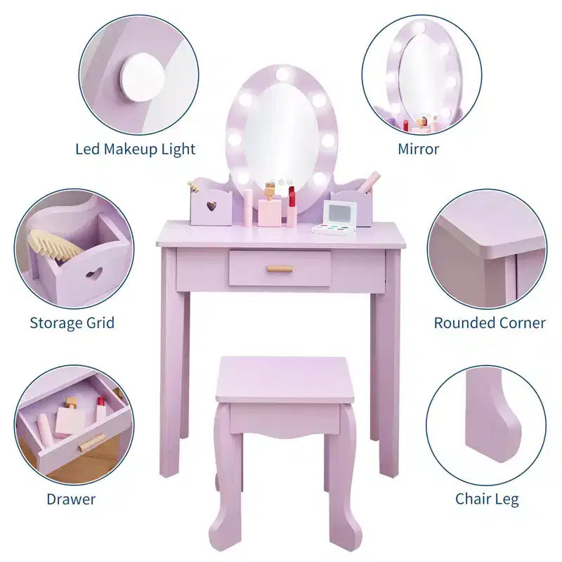 Table de maquillage et tabouret de coiffeuse pour enfants, coiffeuse et chaise