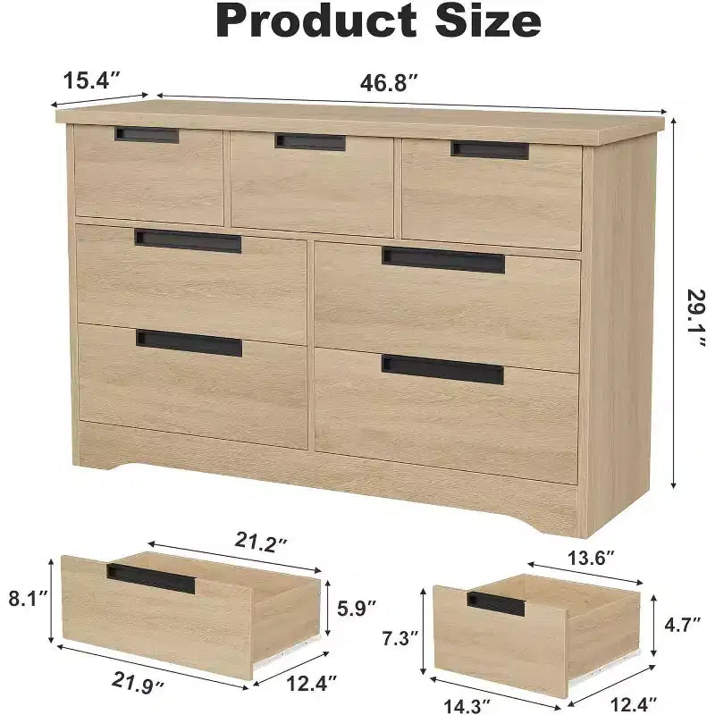 Commode Naturelle à 7 Tiroirs avec Poignées Encastrées, Organisateur de Rangement Moderne