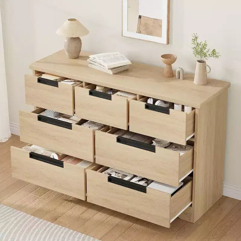 Commode Naturelle à 7 Tiroirs avec Poignées Encastrées, Organisateur de Rangement Moderne