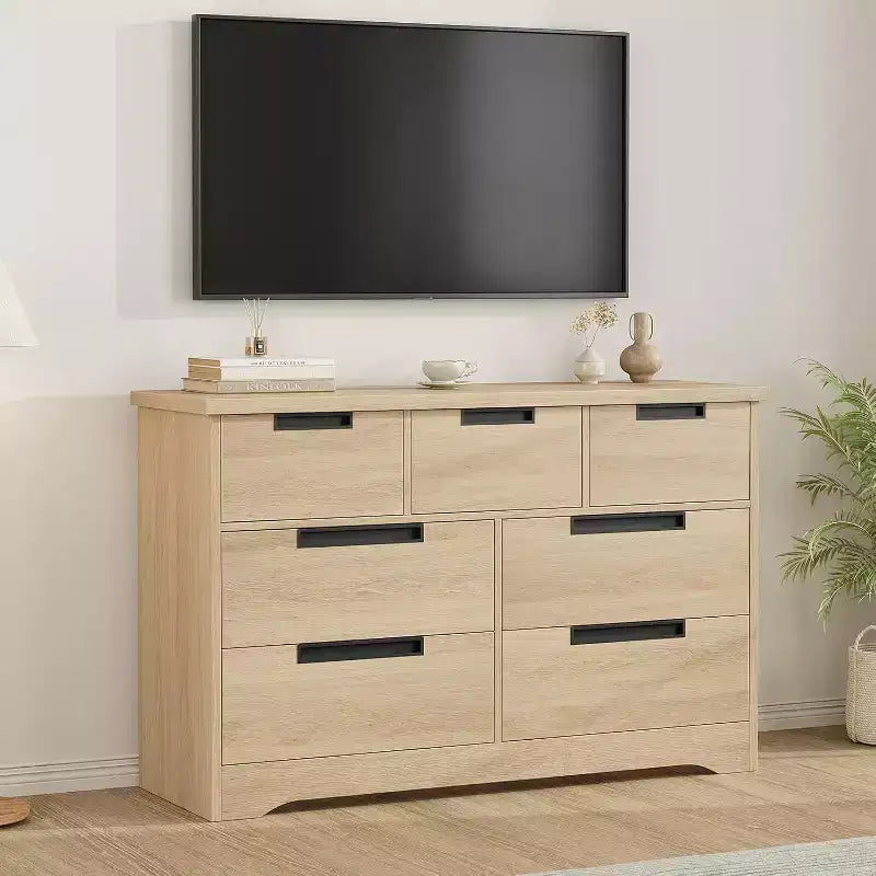 Commode Naturelle à 7 Tiroirs avec Poignées Encastrées, Organisateur de Rangement Moderne