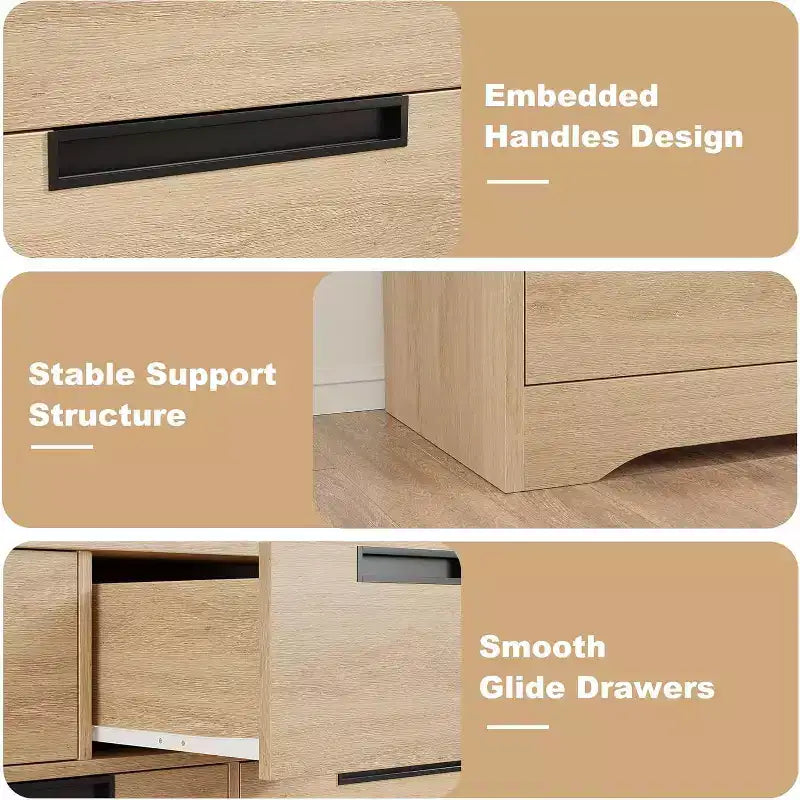 Commode Naturelle à 7 Tiroirs avec Poignées Encastrées, Organisateur de Rangement Moderne