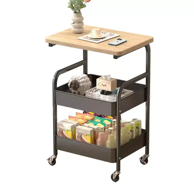 GustoWave 3-Tier Kitchen Utility Cart with Wood Tabletop & Wheels, Rolling Storage Cart for Kitchen, Bathroom, Office, or Home, Black