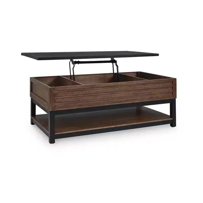 Table basse relevable avec rangement, marron chaud/noir
