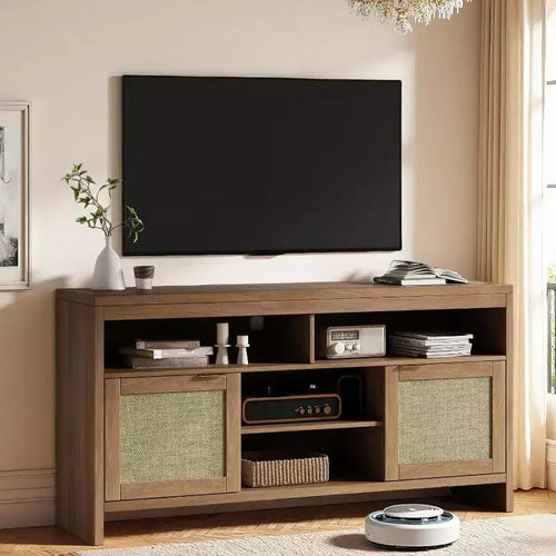 58 inch TV Stand for up to 65 inch TVs - Rattan Accent Entertainment Center with Adjustable Shelves, Boho Farmhouse Style for Living Room & Apartment