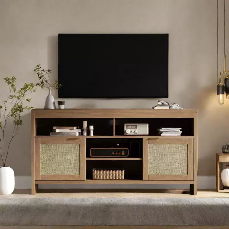 Meuble TV de 147 cm pour téléviseurs jusqu'à 165 cm - Meuble TV avec accents en rotin
