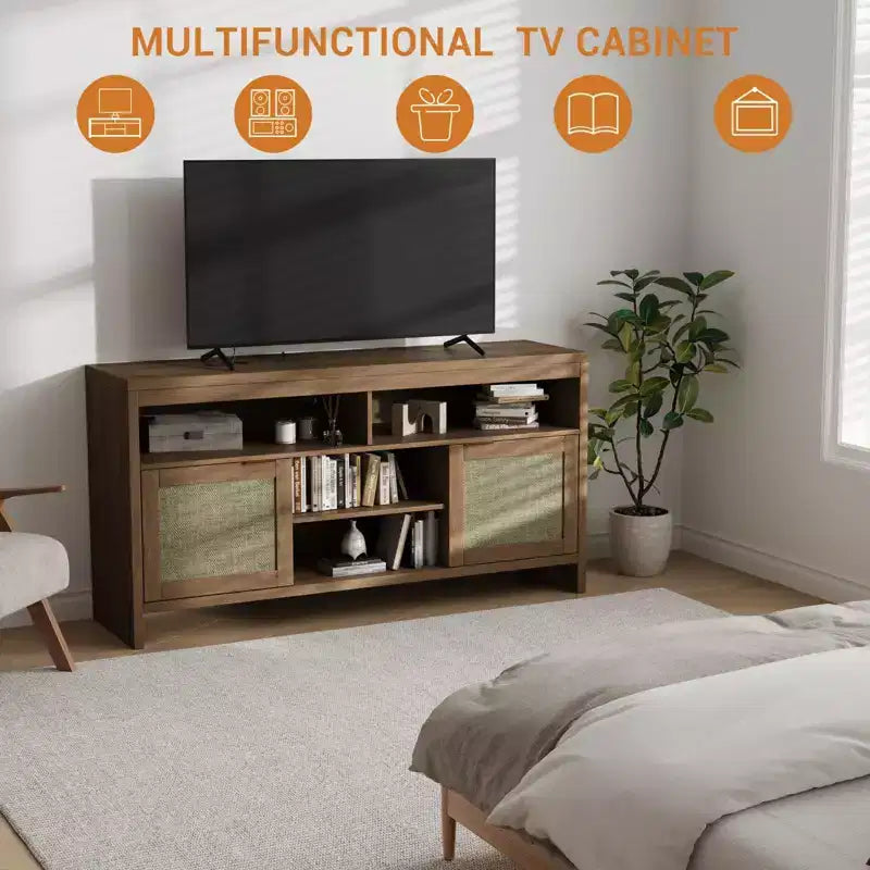 Meuble TV de 147 cm pour téléviseurs jusqu'à 165 cm - Meuble TV avec accents en rotin