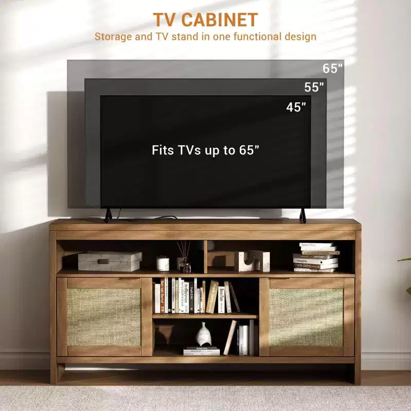 Meuble TV de 147 cm pour téléviseurs jusqu'à 165 cm - Meuble TV avec accents en rotin