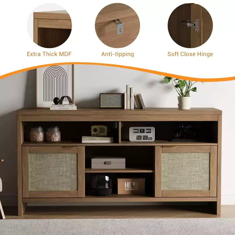 Meuble TV de 147 cm pour téléviseurs jusqu'à 165 cm - Meuble TV avec accents en rotin
