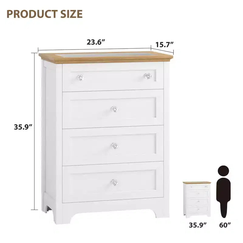 Commode blanche avec lumière LED, table de chevet à 4 tiroirs avec veilleuse