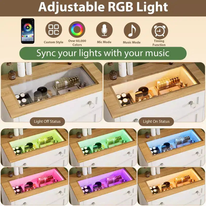 Commode blanche avec lumière LED, table de chevet à 4 tiroirs avec veilleuse