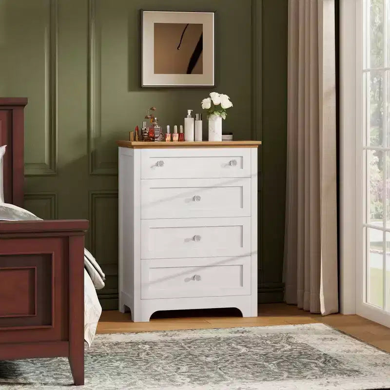 Commode blanche avec lumière LED, table de chevet à 4 tiroirs avec veilleuse