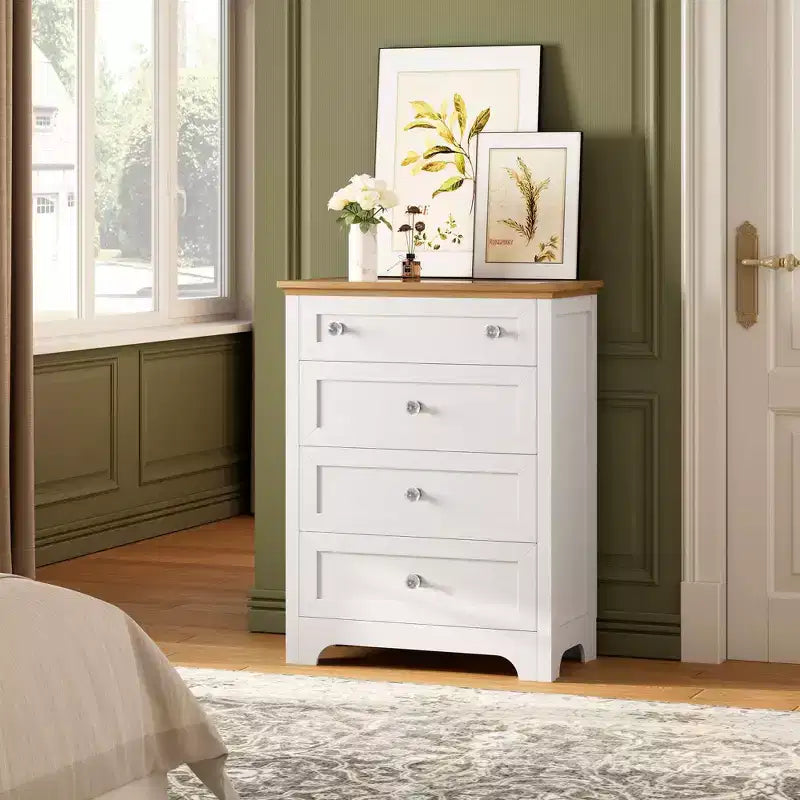 Commode blanche avec lumière LED, table de chevet à 4 tiroirs avec veilleuse