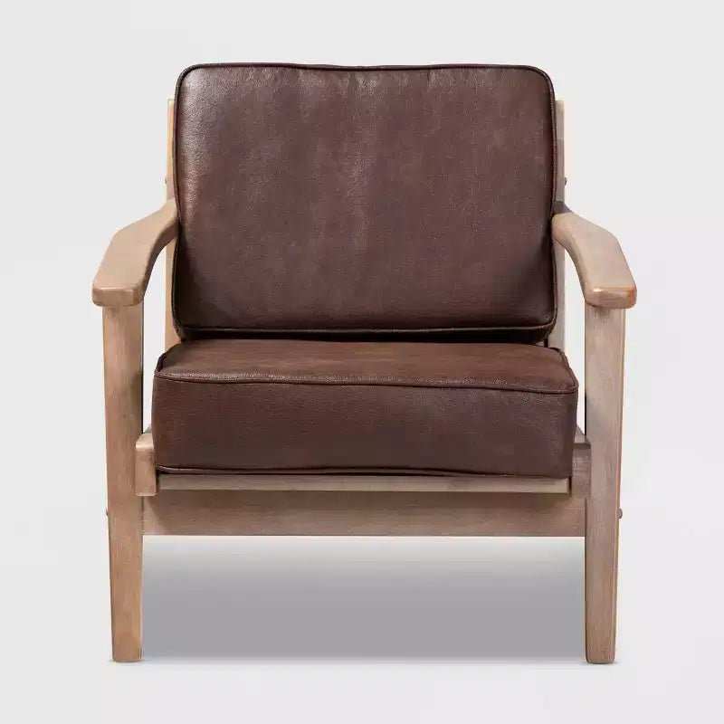 Fauteuil en bois rembourré en similicuir, design mi-siècle, rembourrage en mousse confortable