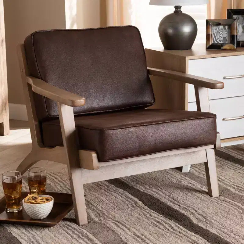 Fauteuil en bois rembourré en similicuir, design mi-siècle, rembourrage en mousse confortable