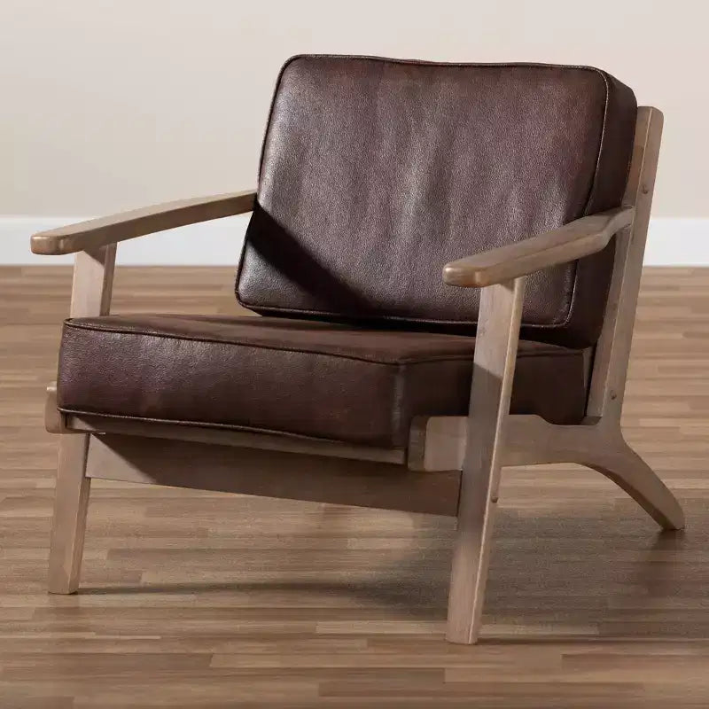 Fauteuil en bois rembourré en similicuir, design mi-siècle, rembourrage en mousse confortable